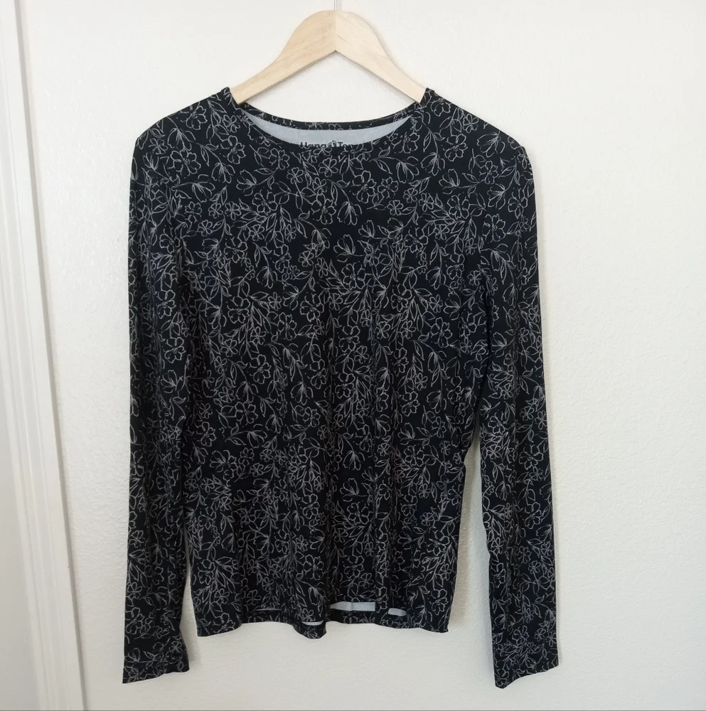 Hang Ten Rash Guard Long Sleeve Black Floral Top UV Protection UPF 50+